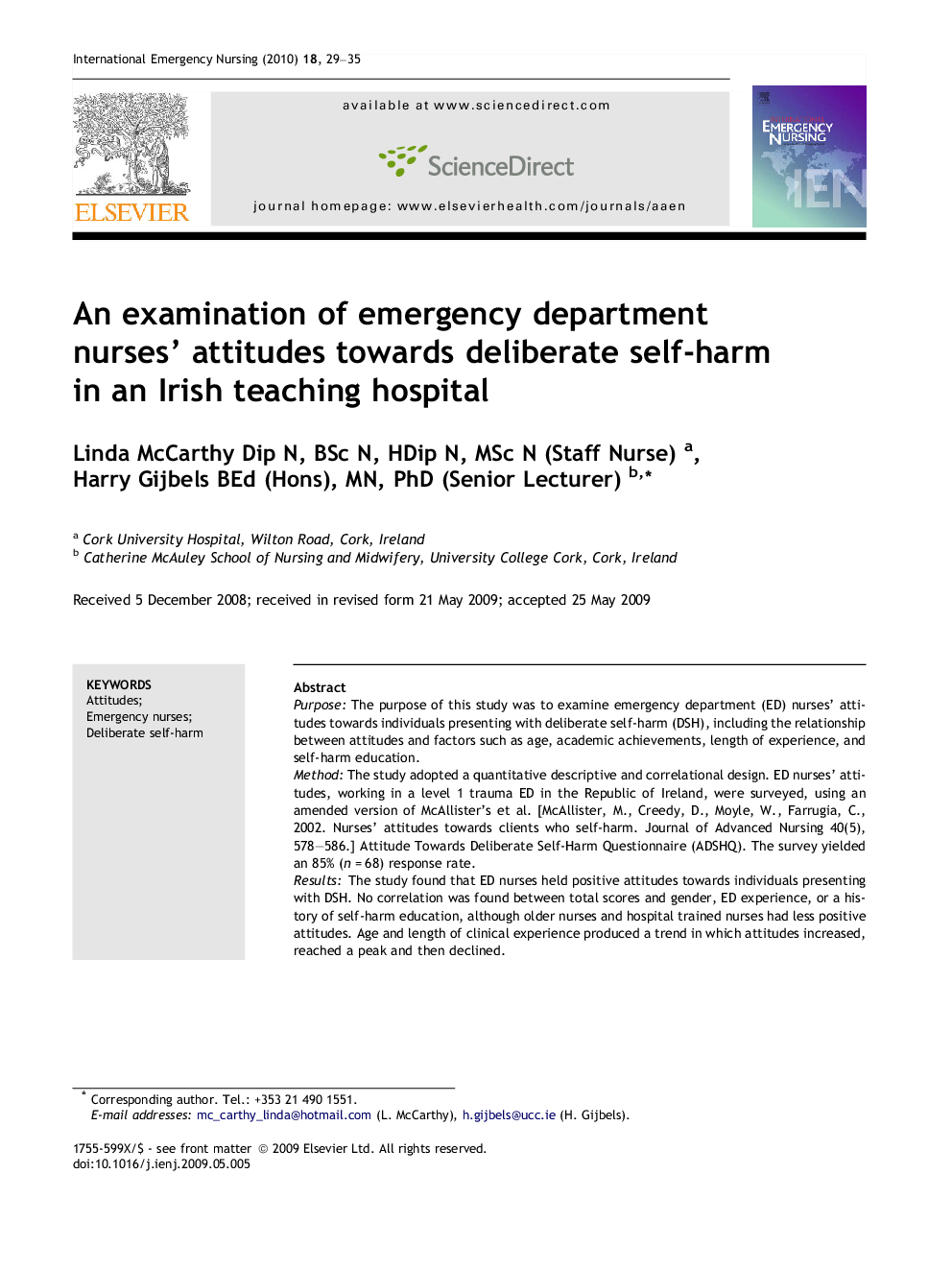 An examination of emergency department nurses’ attitudes towards deliberate self-harm in an Irish teaching hospital