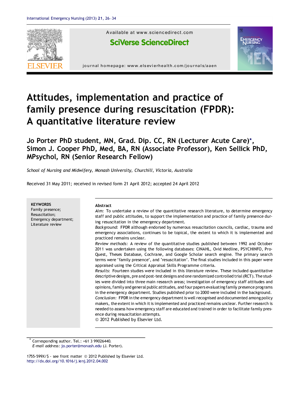 Attitudes, implementation and practice of family presence during resuscitation (FPDR): A quantitative literature review