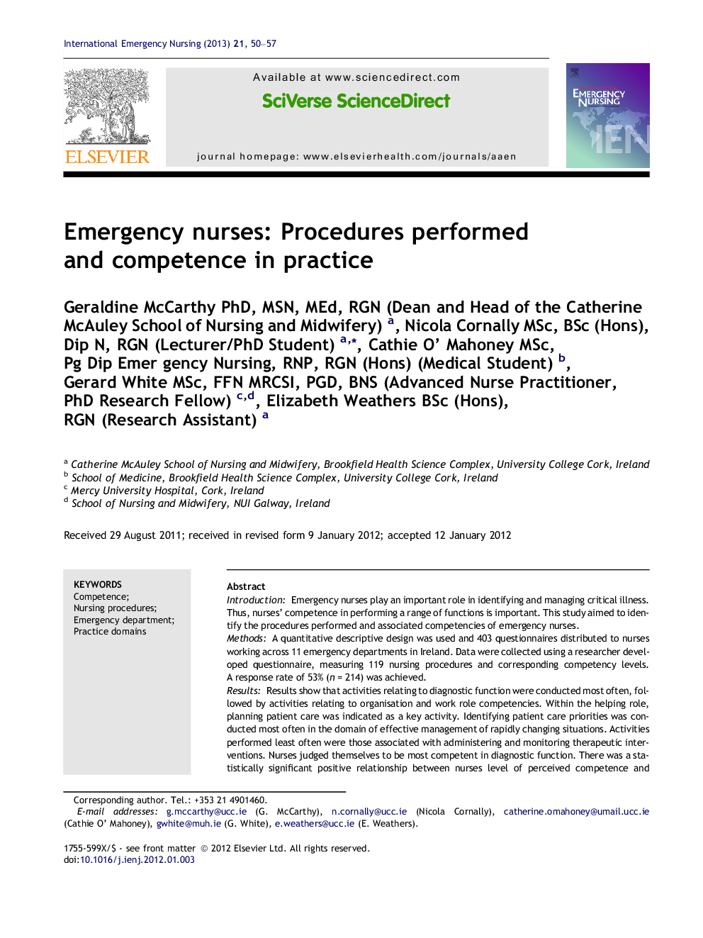 Emergency nurses: Procedures performed and competence in practice