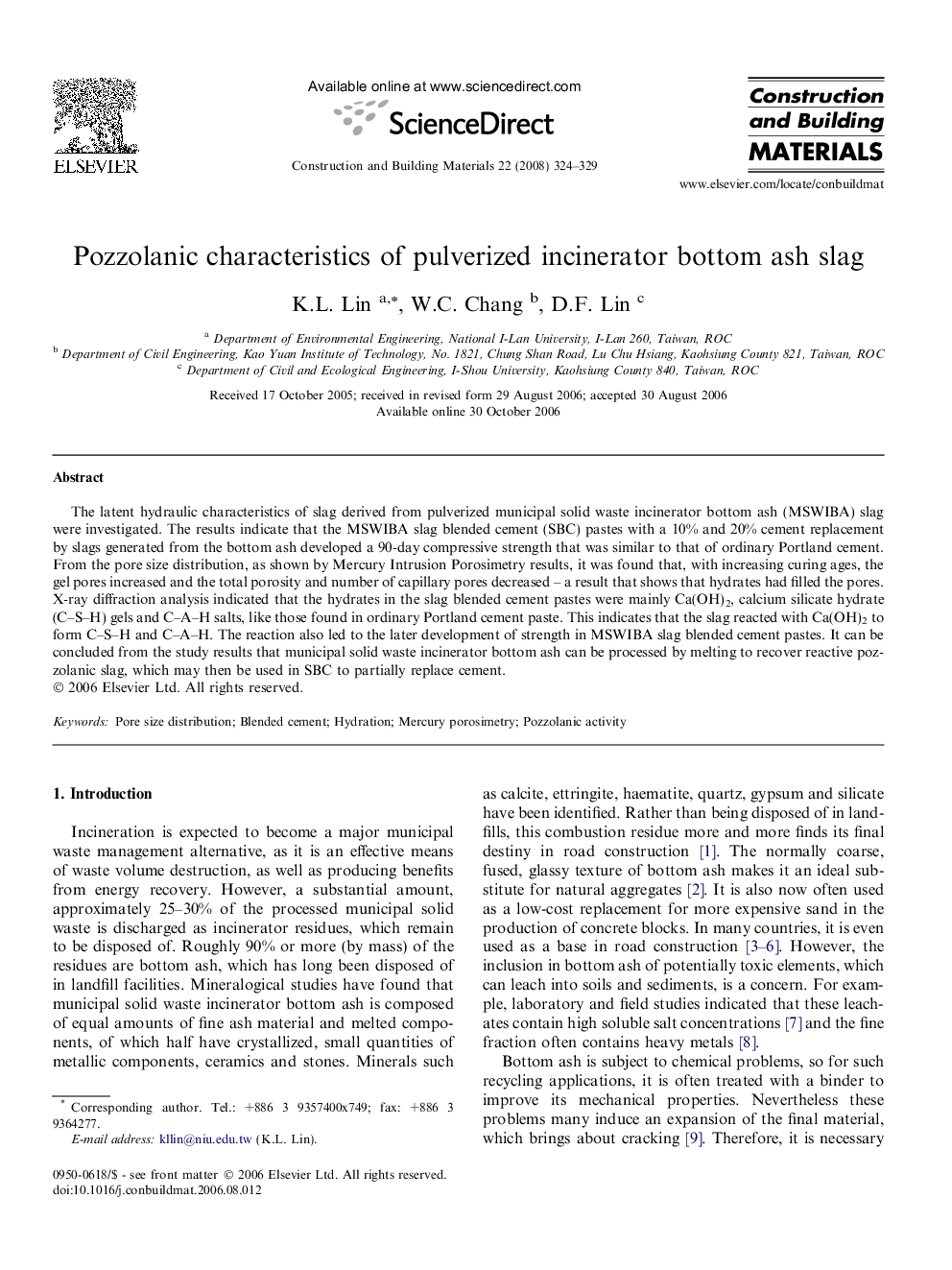 Pozzolanic characteristics of pulverized incinerator bottom ash slag