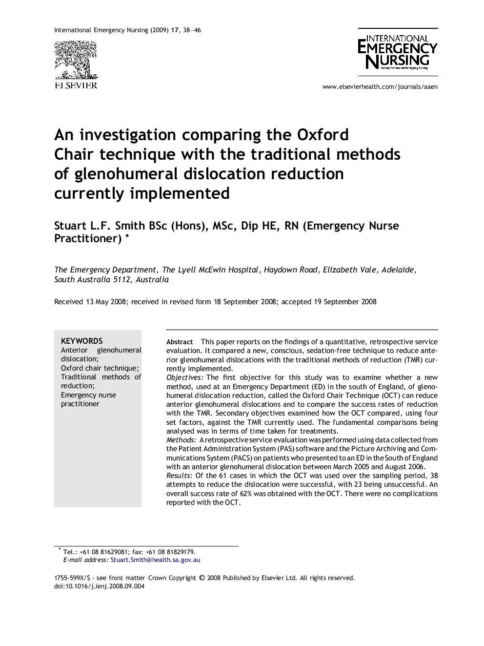 An investigation comparing the Oxford Chair technique with the traditional methods of glenohumeral dislocation reduction currently implemented