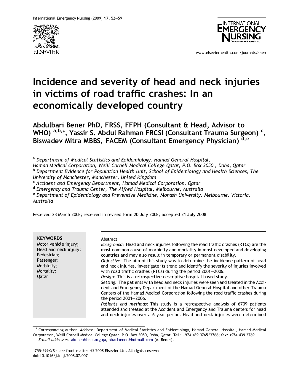 Incidence and severity of head and neck injuries in victims of road traffic crashes: In an economically developed country
