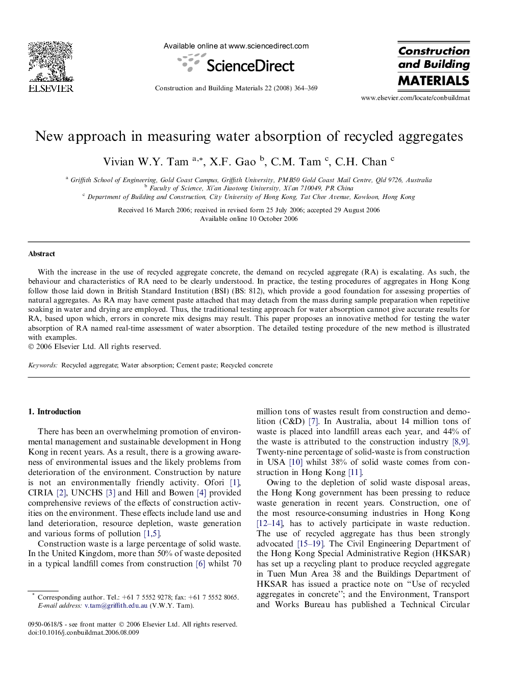 New approach in measuring water absorption of recycled aggregates