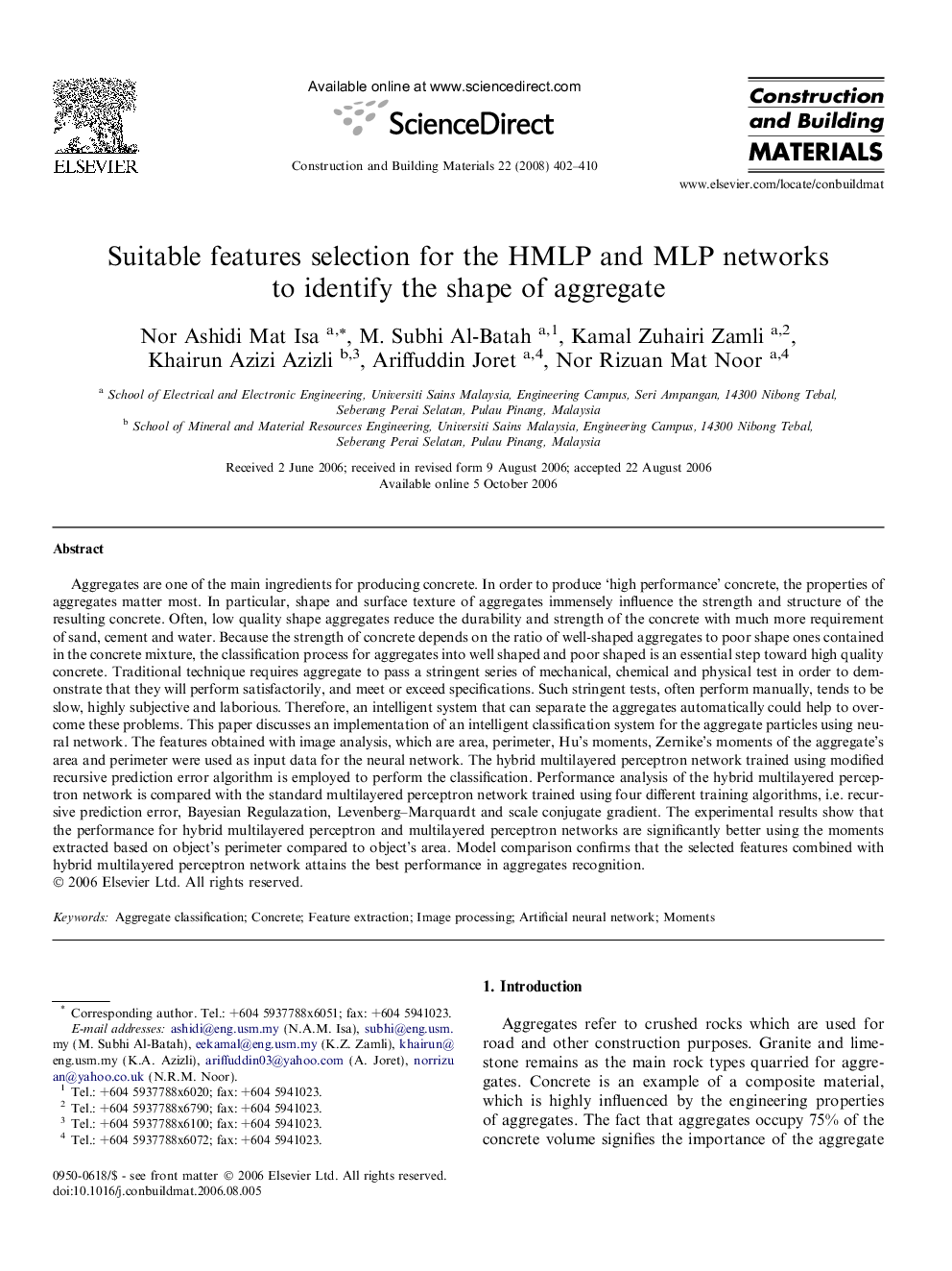 Suitable features selection for the HMLP and MLP networks to identify the shape of aggregate