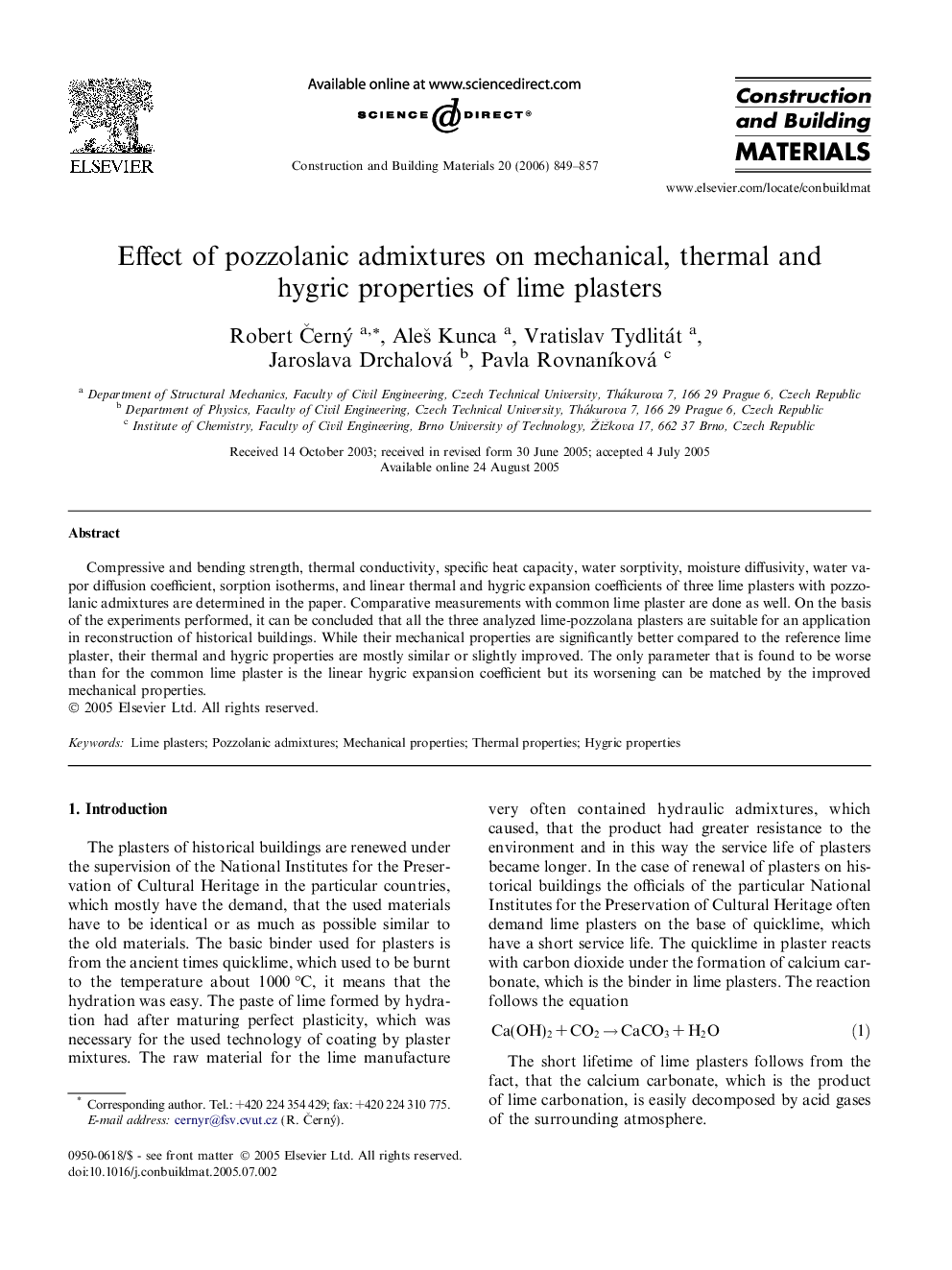 Effect of pozzolanic admixtures on mechanical, thermal and hygric properties of lime plasters