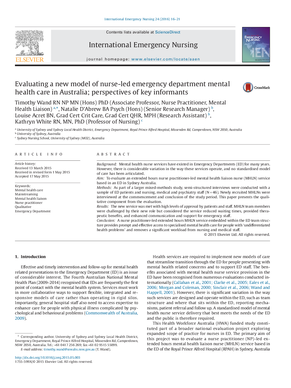 Evaluating a new model of nurse-led emergency department mental health care in Australia; perspectives of key informants