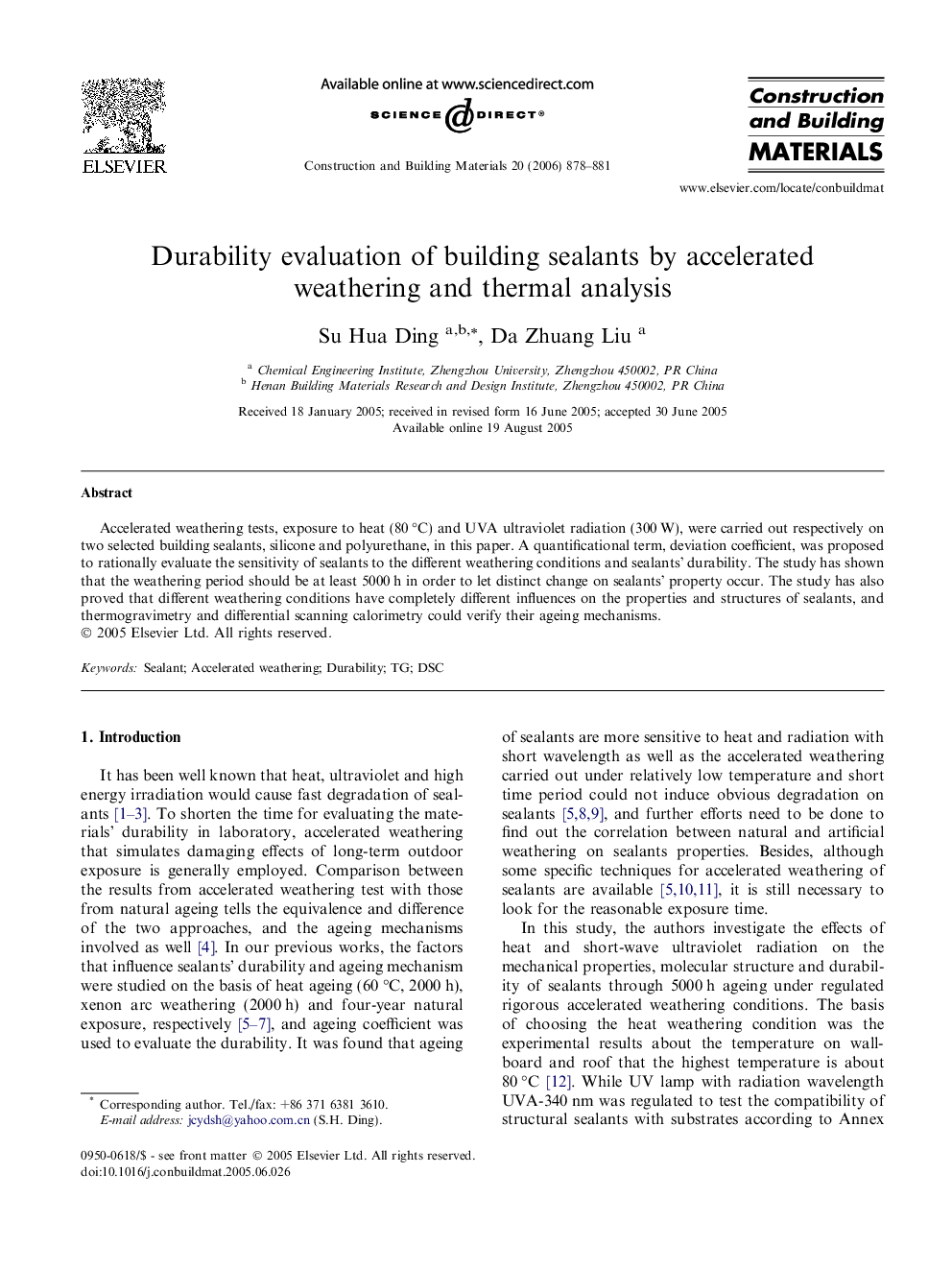 Durability evaluation of building sealants by accelerated weathering and thermal analysis