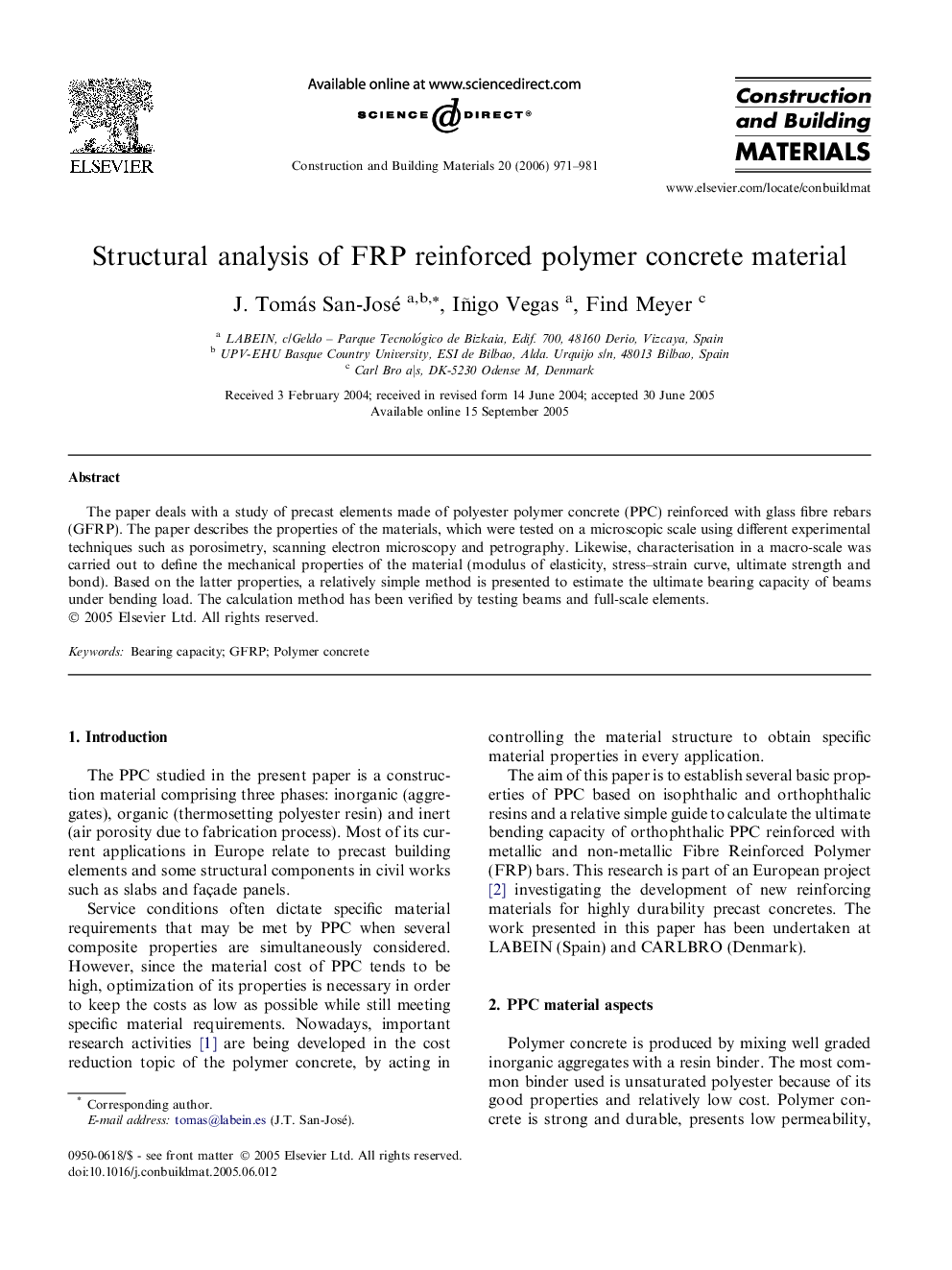 Structural analysis of FRP reinforced polymer concrete material