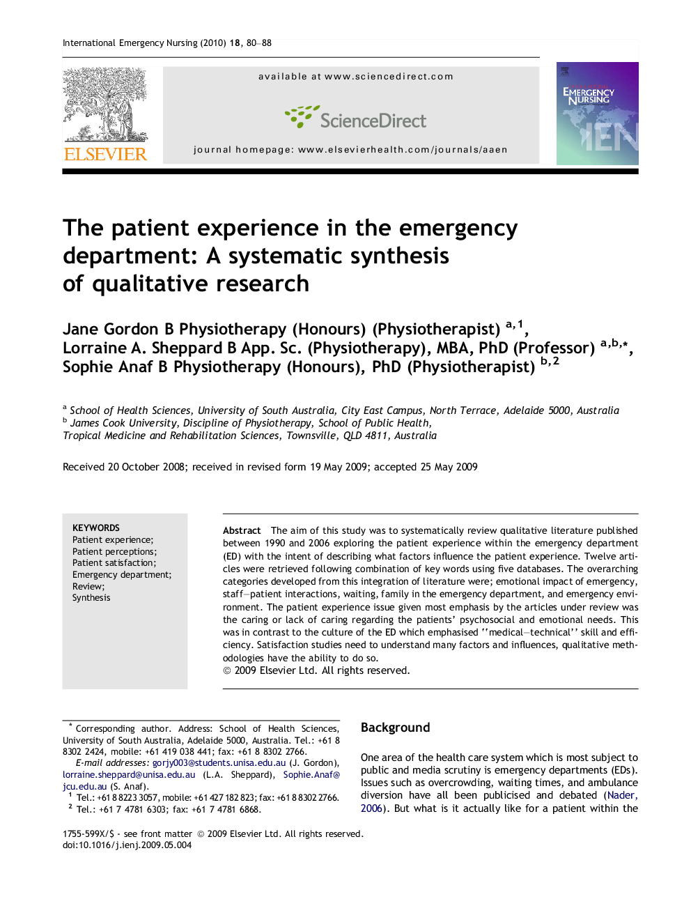 The patient experience in the emergency department: A systematic synthesis of qualitative research