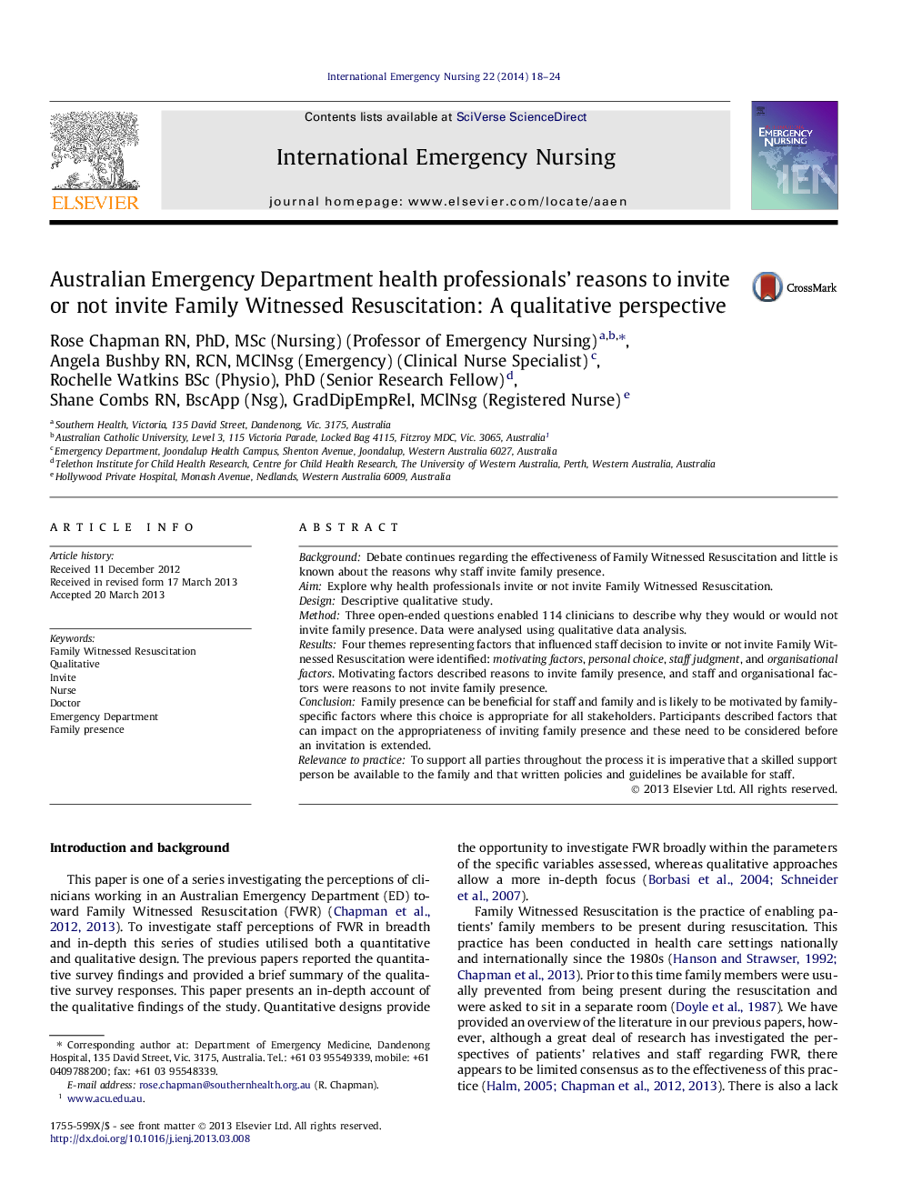 Australian Emergency Department health professionals’ reasons to invite or not invite Family Witnessed Resuscitation: A qualitative perspective