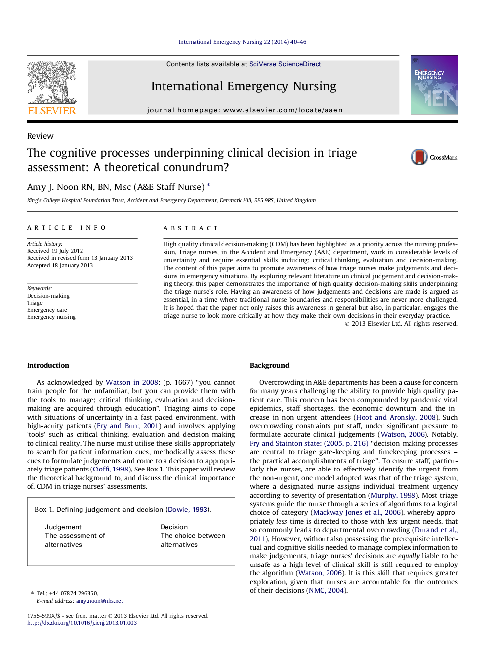 The cognitive processes underpinning clinical decision in triage assessment: A theoretical conundrum?