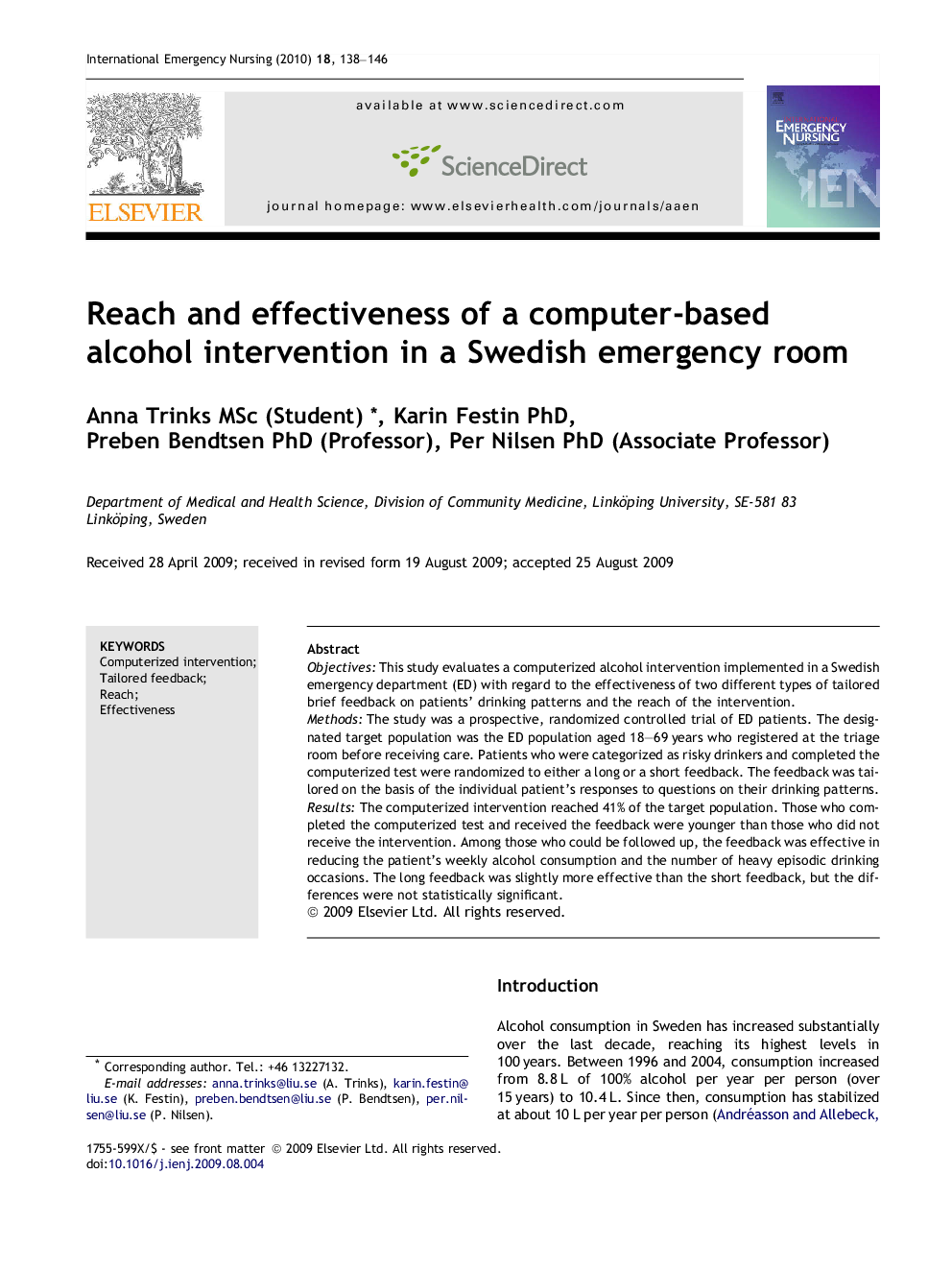 Reach and effectiveness of a computer-based alcohol intervention in a Swedish emergency room