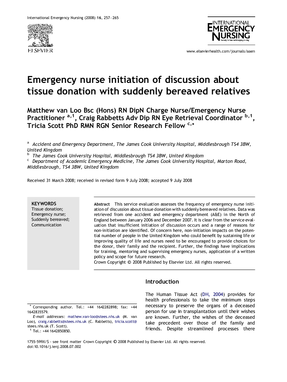 Emergency nurse initiation of discussion about tissue donation with suddenly bereaved relatives