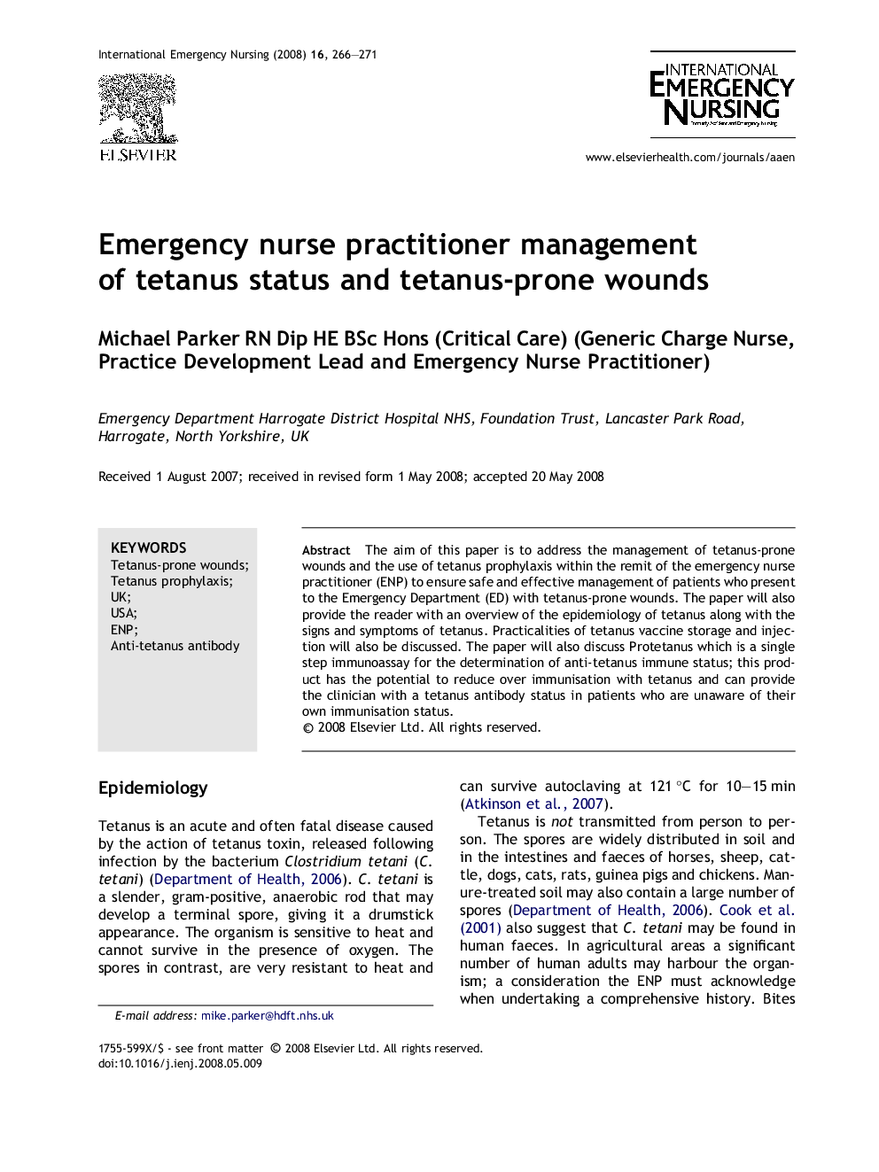 Emergency nurse practitioner management of tetanus status and tetanus-prone wounds