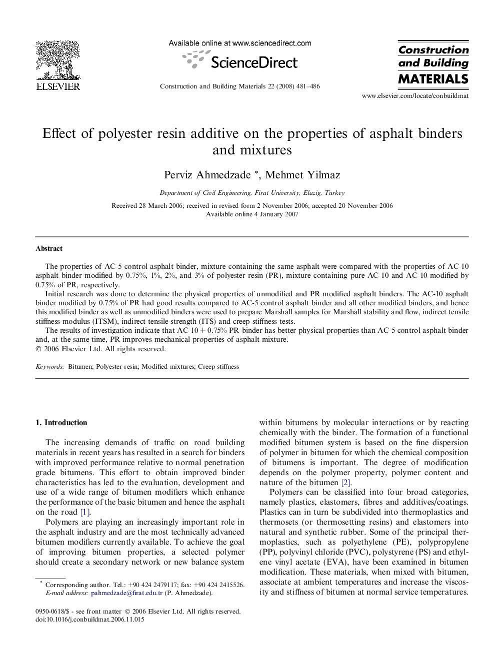 Effect of polyester resin additive on the properties of asphalt binders and mixtures