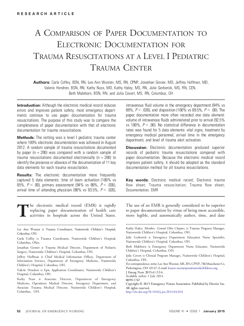 مقایسه مستندات کاغذی برای اسناد الکترونیکی برای Resuscitations تروما در کودکان مرکز تروما سطح اول