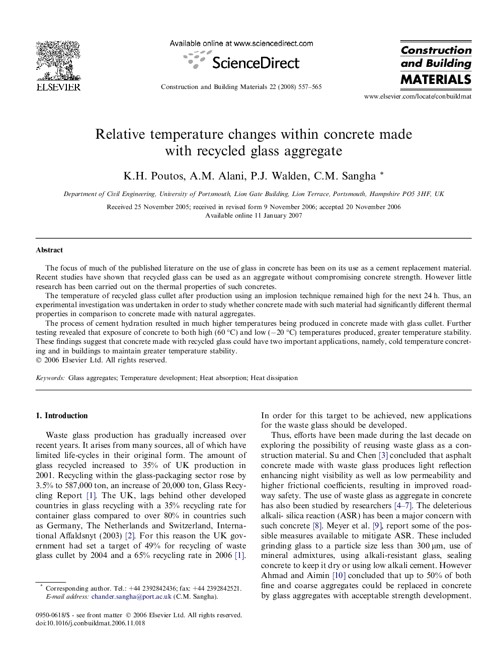 Relative temperature changes within concrete made with recycled glass aggregate