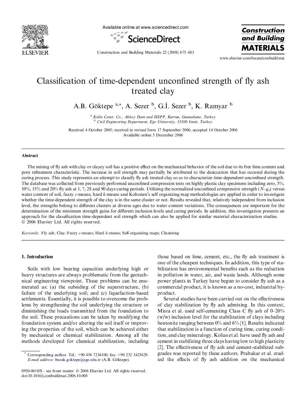 Classification of time-dependent unconfined strength of fly ash treated clay