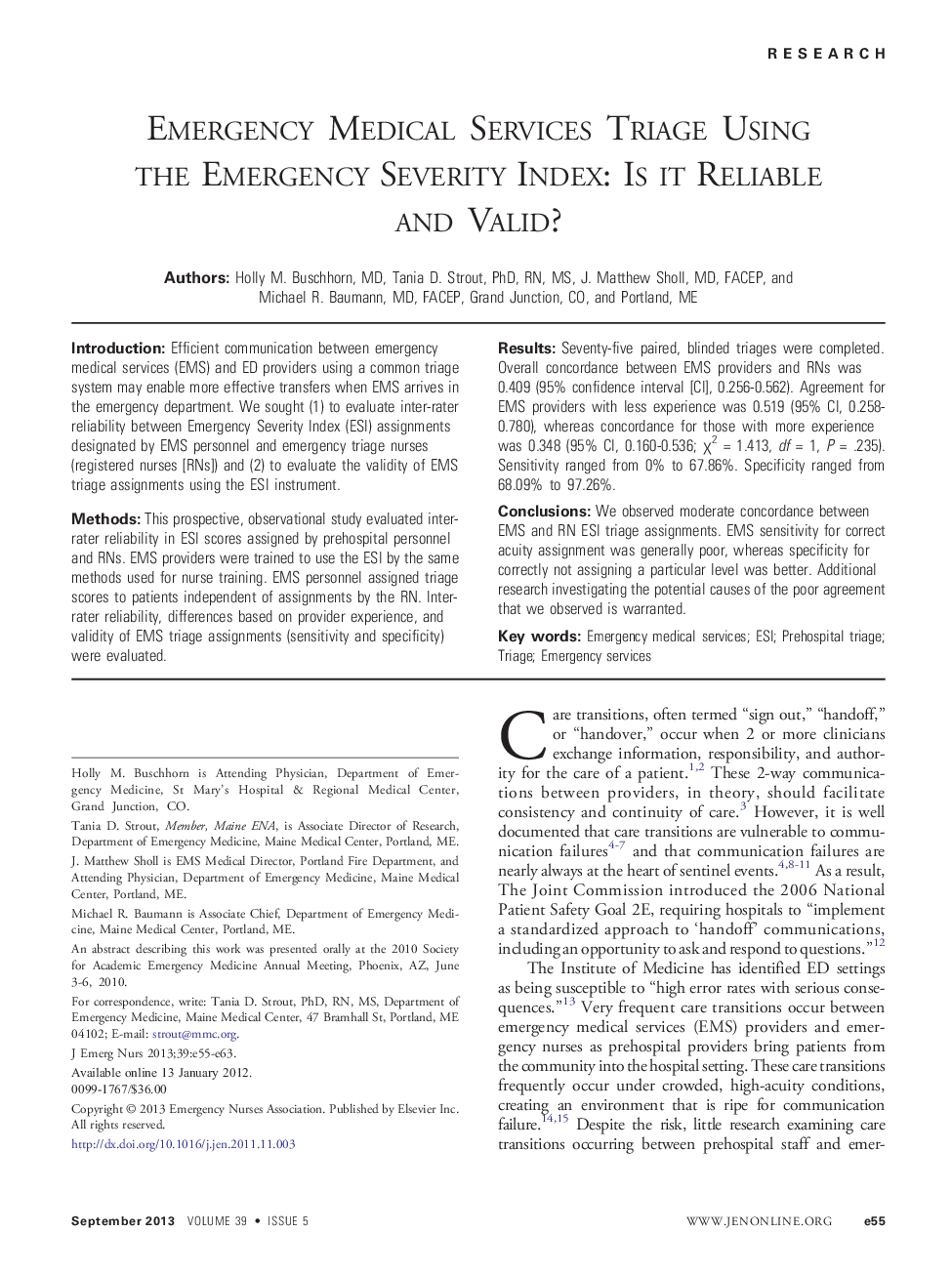 عکس صفحه اول مقاله: Emergency Medical Services Triage Using the Emergency Severity Index: Is it Reliable and Valid? Emergency Medical Services Triage Using the Emergency Severity Index: Is it Reliable and Valid?