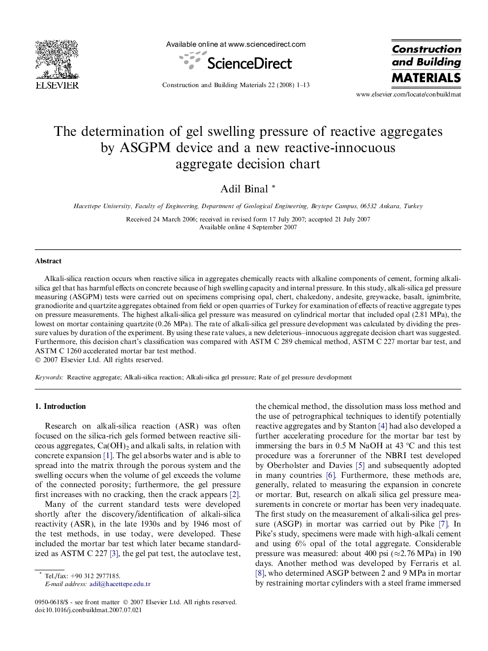 The determination of gel swelling pressure of reactive aggregates by ASGPM device and a new reactive-innocuous aggregate decision chart