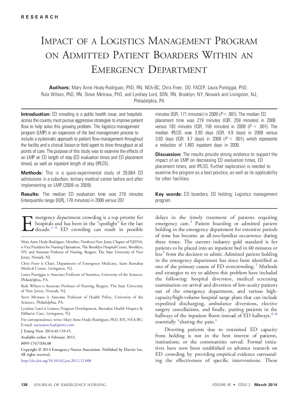 Impact of a Logistics Management Program on Admitted Patient Boarders Within an Emergency Department