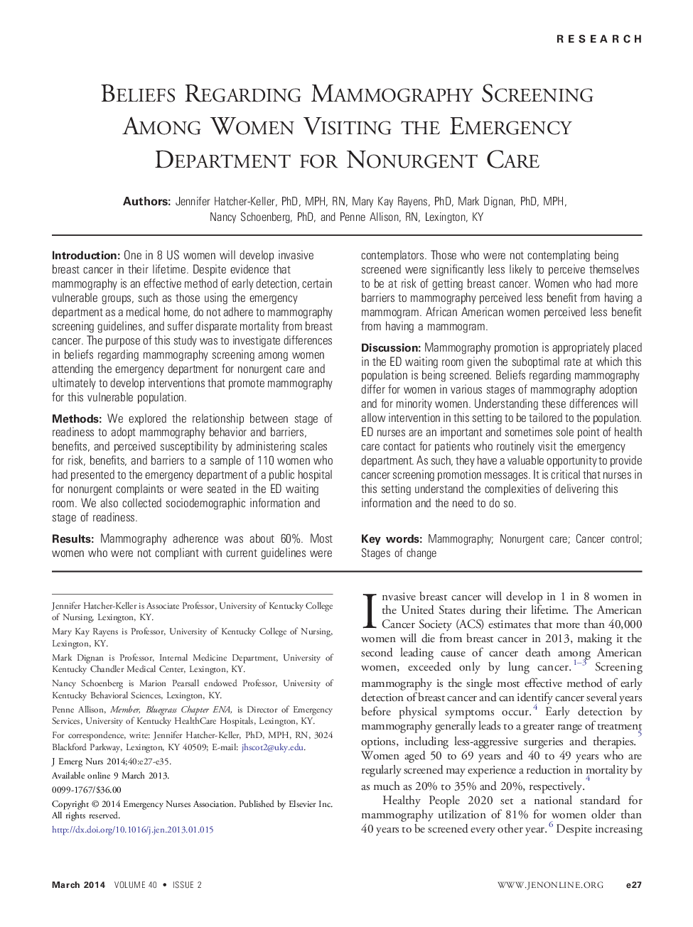 Beliefs Regarding Mammography Screening Among Women Visiting the Emergency Department for Nonurgent Care