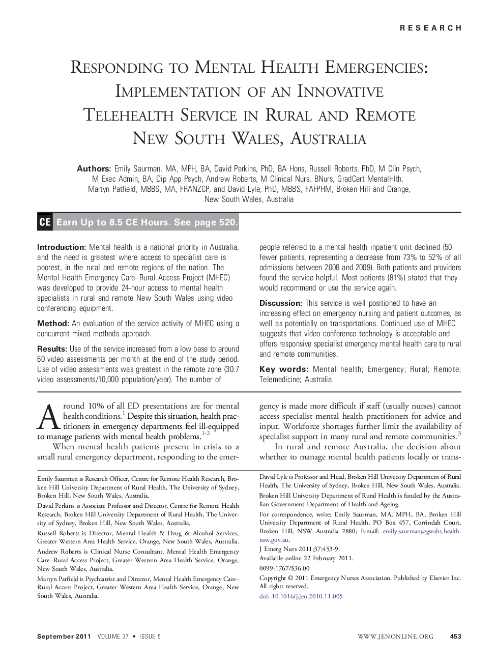 Responding to Mental Health Emergencies: Implementation of an Innovative Telehealth Service in Rural and Remote New South Wales, Australia 