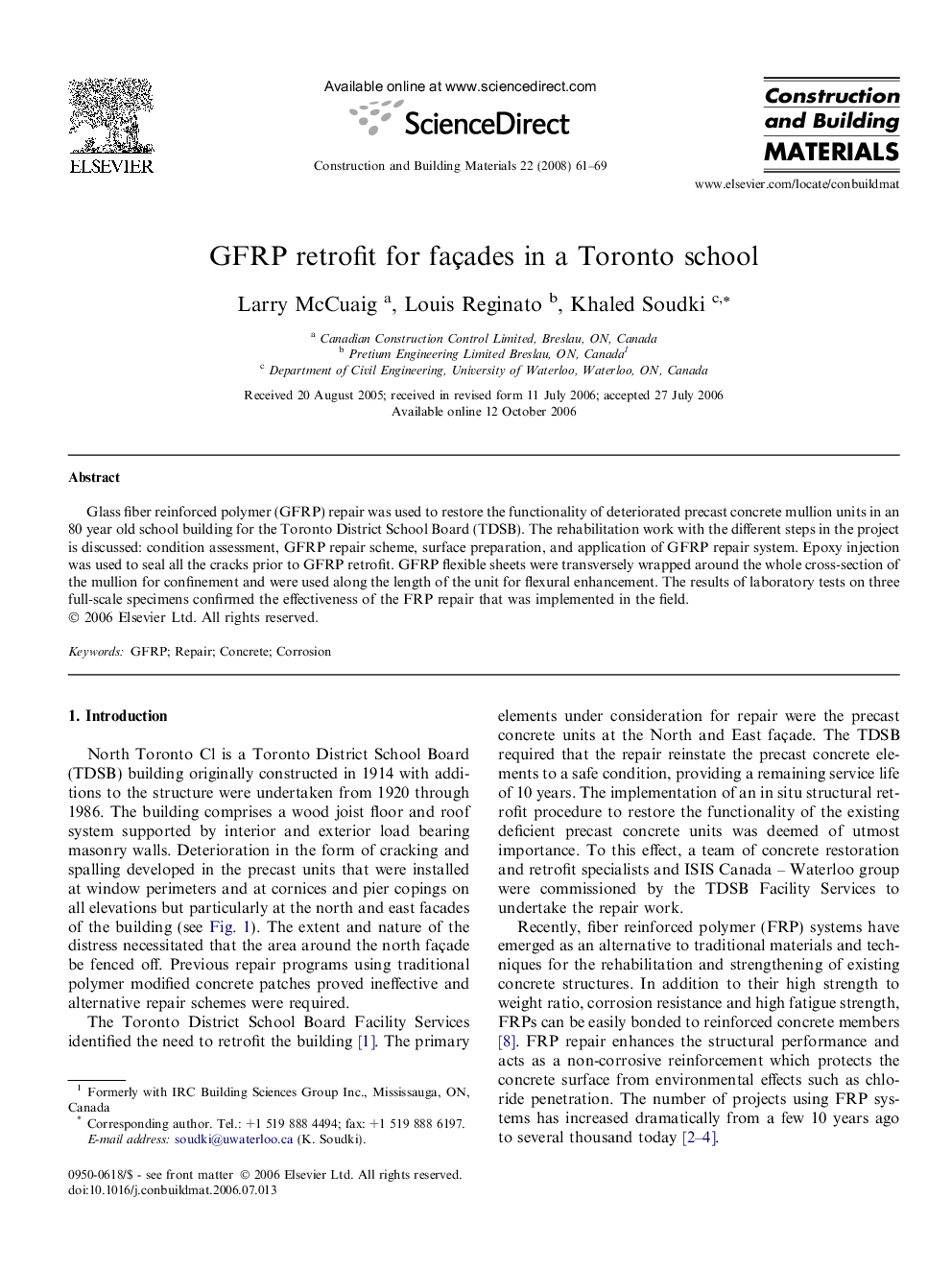 GFRP retrofit for façades in a Toronto school