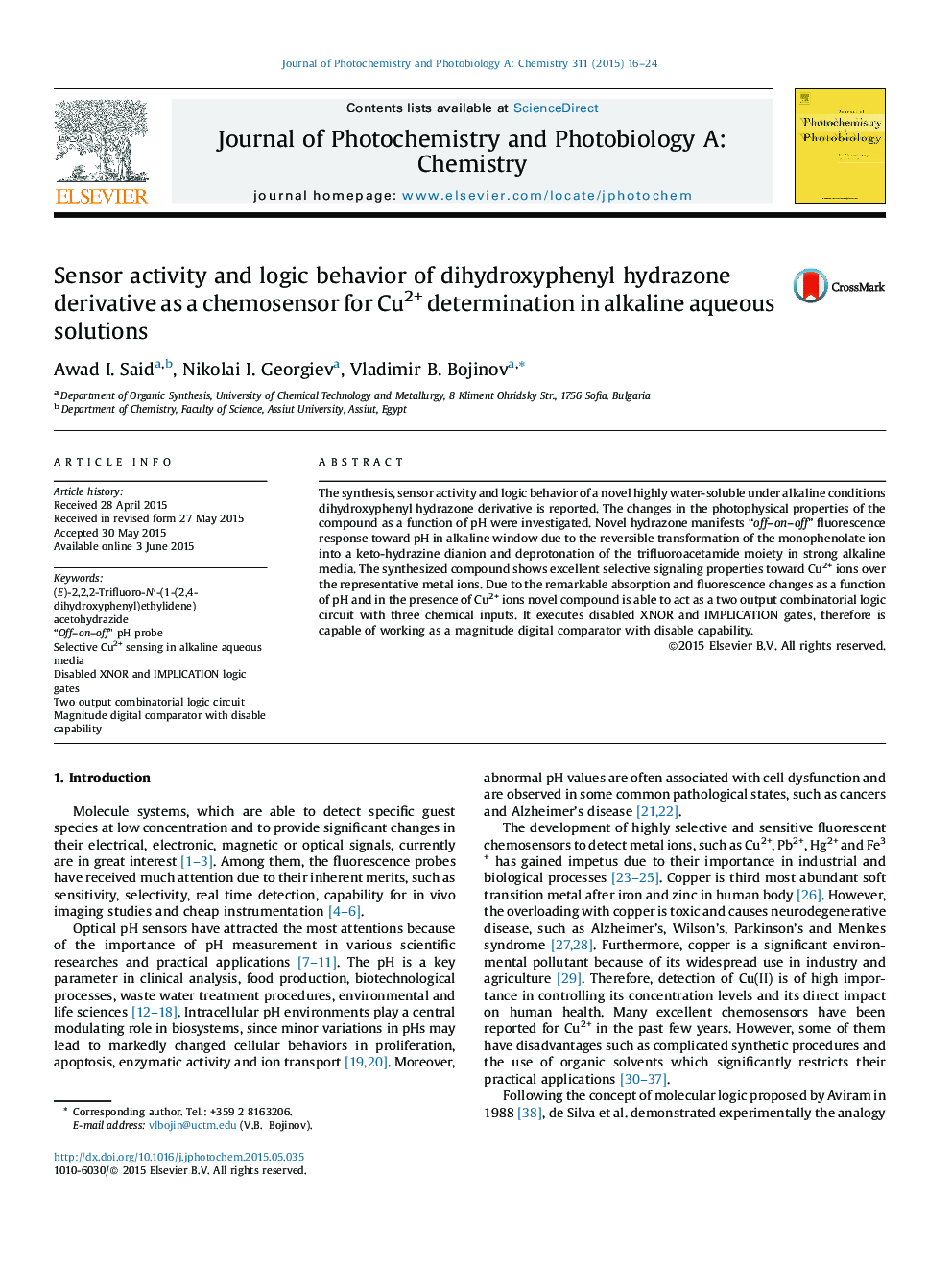 Sensor activity and logic behavior of dihydroxyphenyl hydrazone derivative as a chemosensor for Cu2+ determination in alkaline aqueous solutions