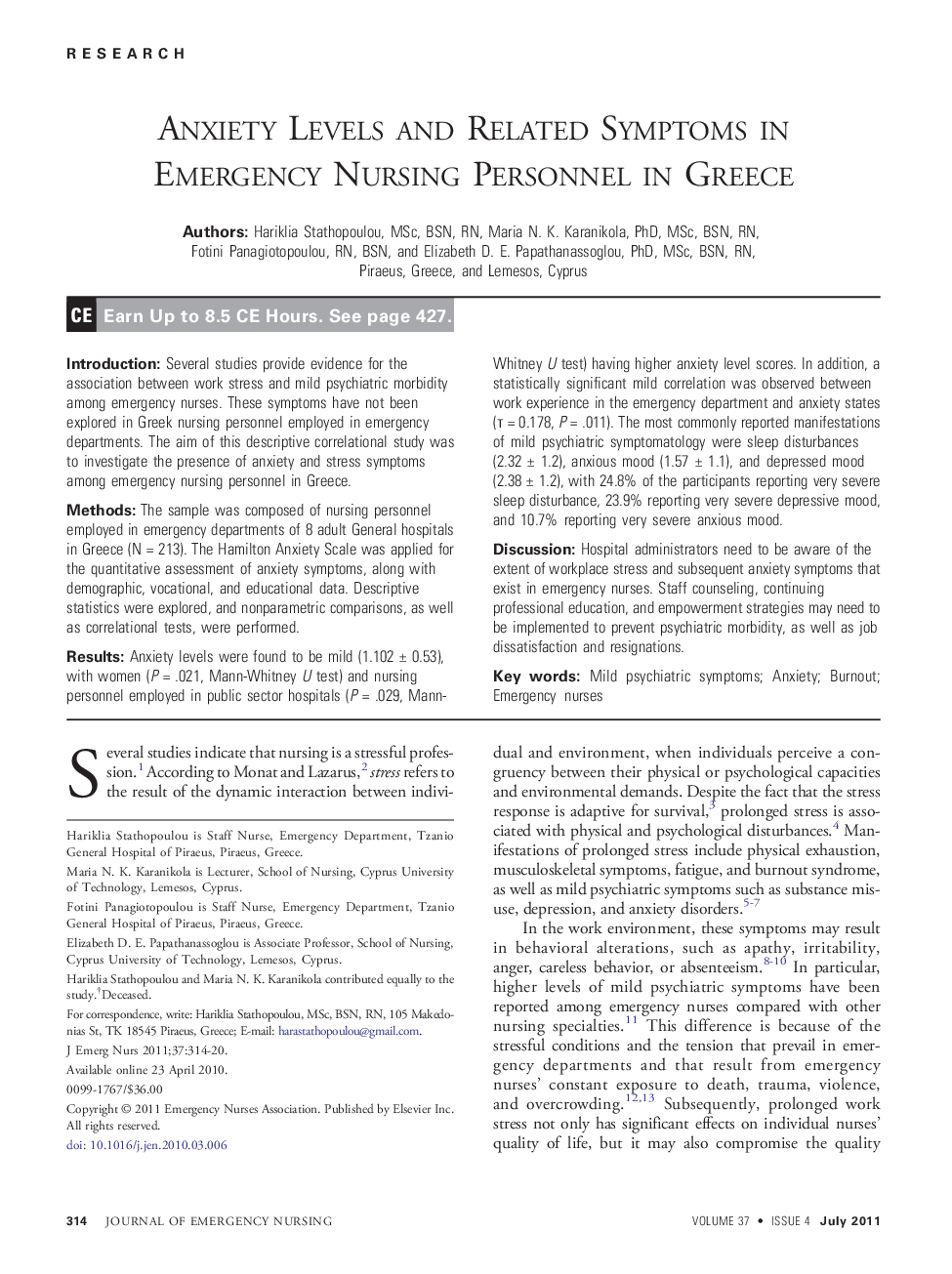 Anxiety Levels and Related Symptoms in Emergency Nursing Personnel in Greece 