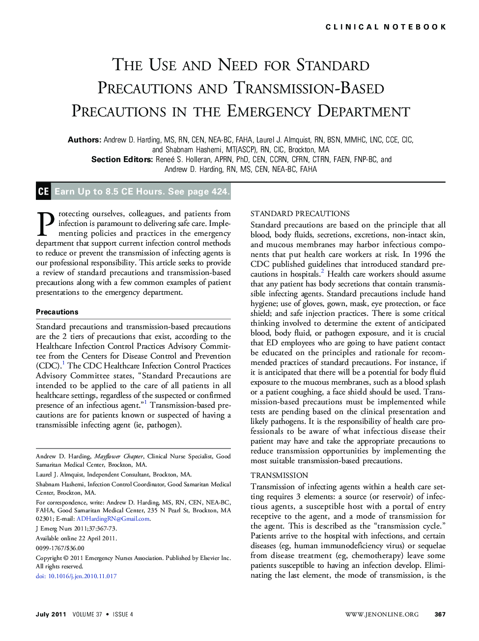 The Use and Need for Standard Precautions and Transmission-Based Precautions in the Emergency Department