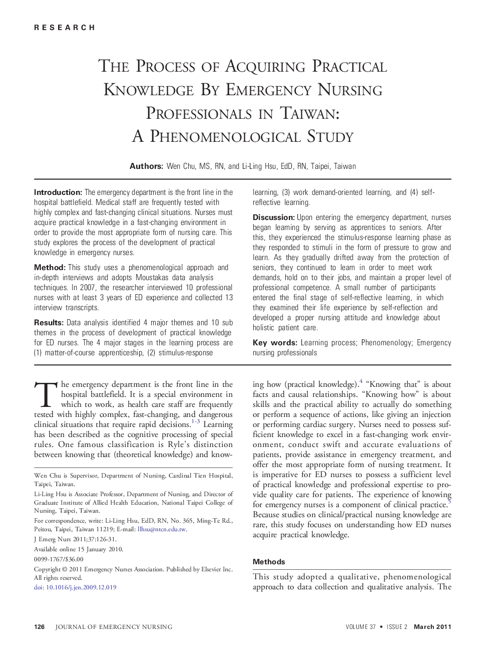 The Process of Acquiring Practical Knowledge By Emergency Nursing Professionals in Taiwan: A Phenomenological Study