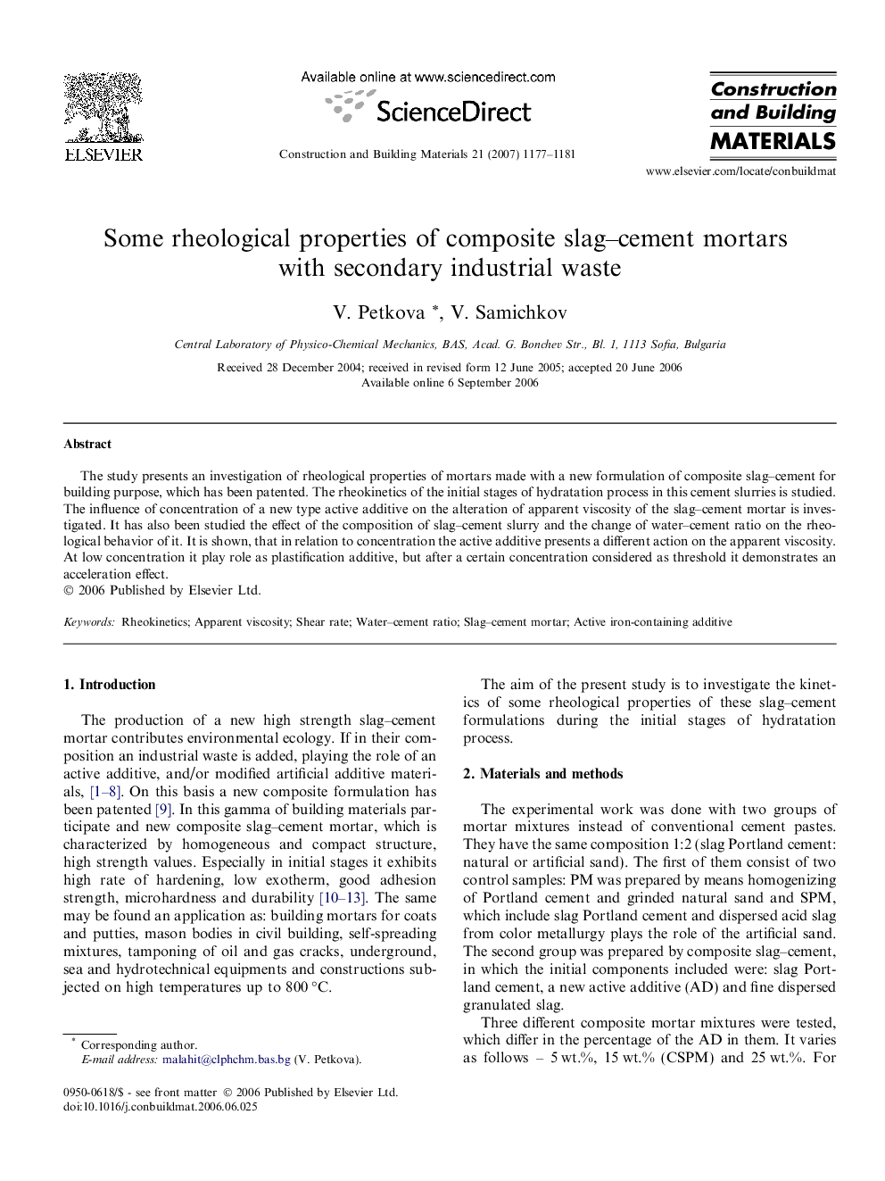 Some rheological properties of composite slag–cement mortars with secondary industrial waste