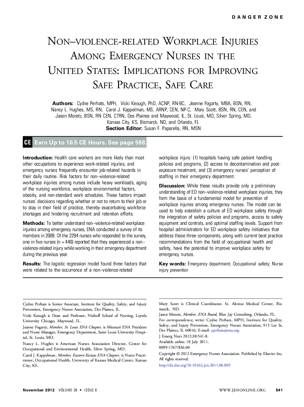 Non–violence-related Workplace Injuries Among Emergency Nurses in the United States: Implications for Improving Safe Practice, Safe Care 