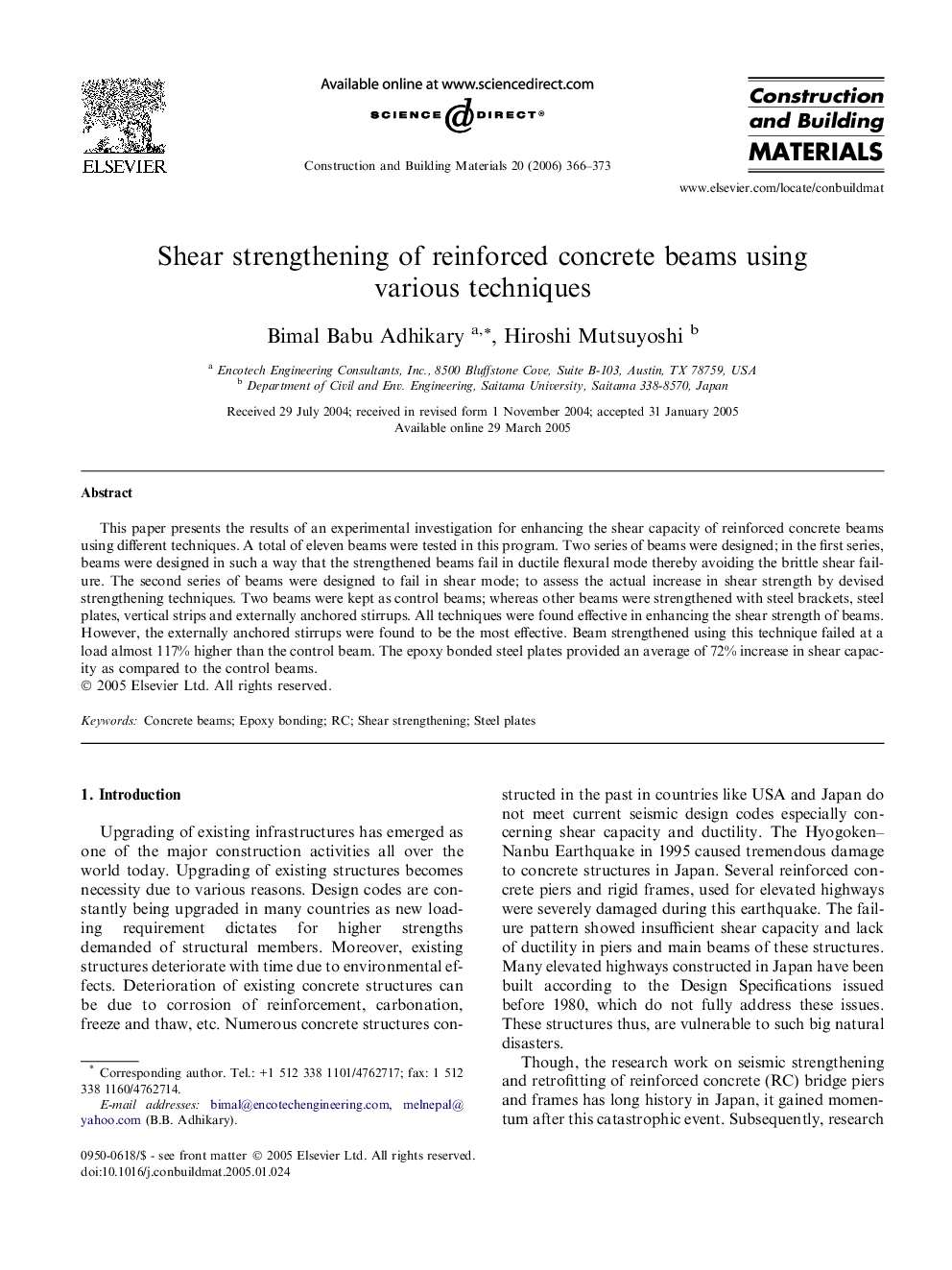 Shear strengthening of reinforced concrete beams using various techniques