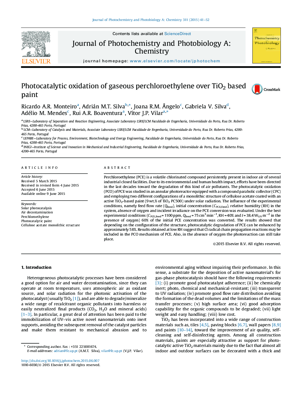 Photocatalytic oxidation of gaseous perchloroethylene over TiO2 based paint