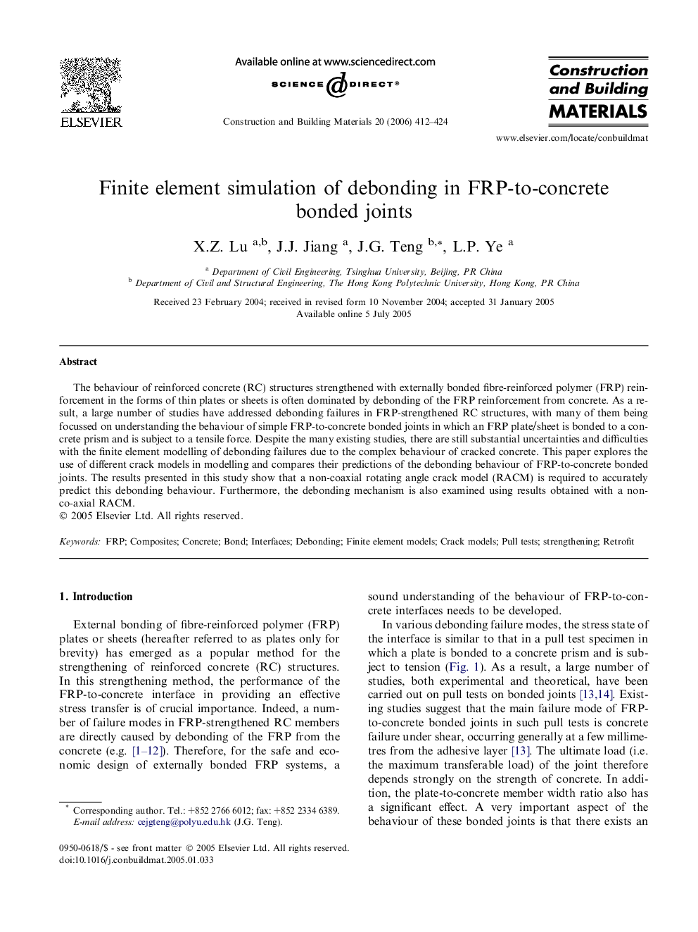 Finite element simulation of debonding in FRP-to-concrete bonded joints