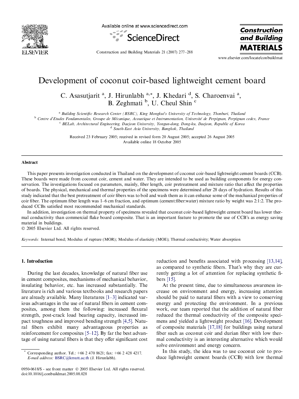 Development of coconut coir-based lightweight cement board