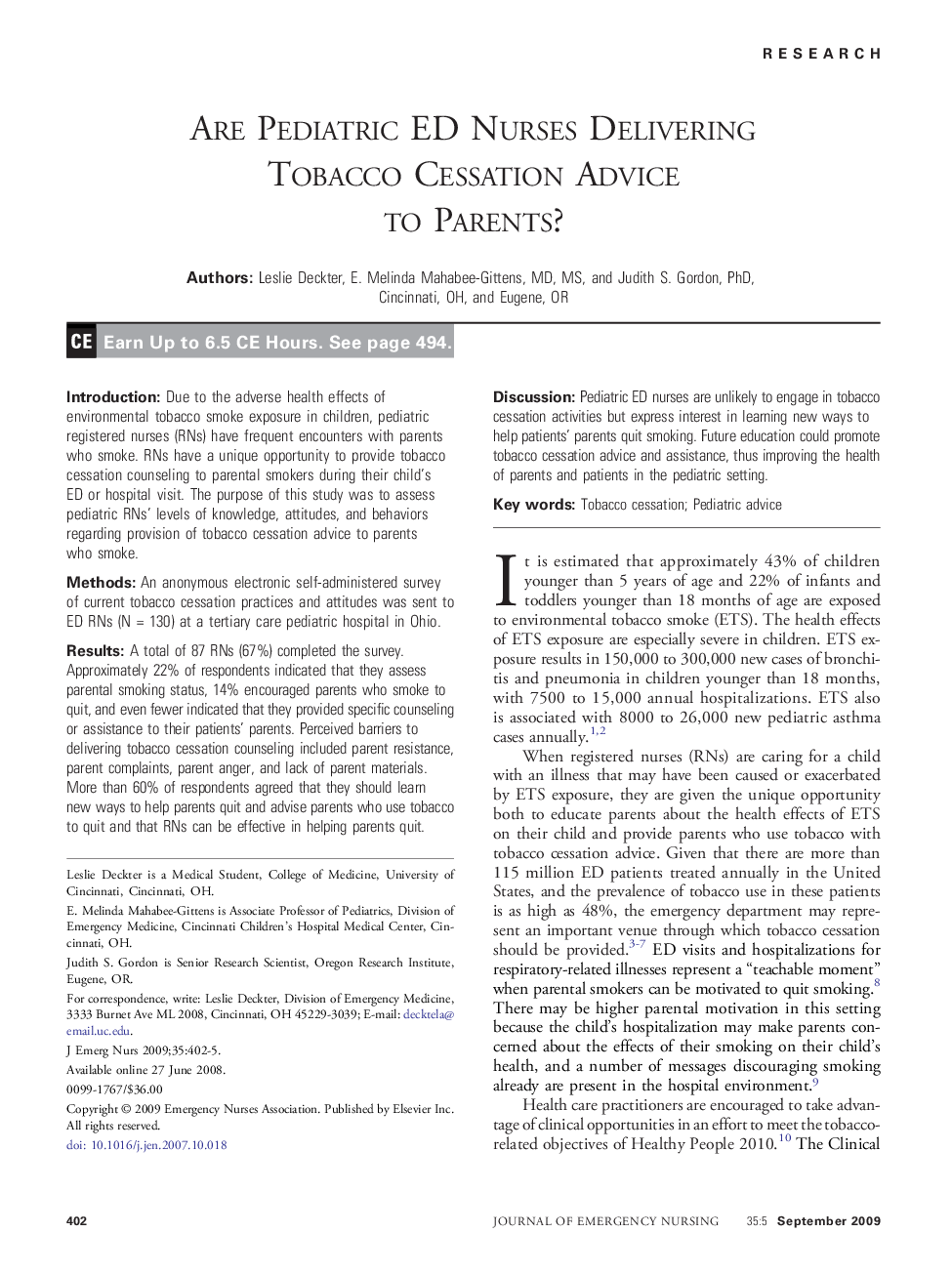 Are Pediatric ED Nurses Delivering Tobacco Cessation Advice to Parents? 