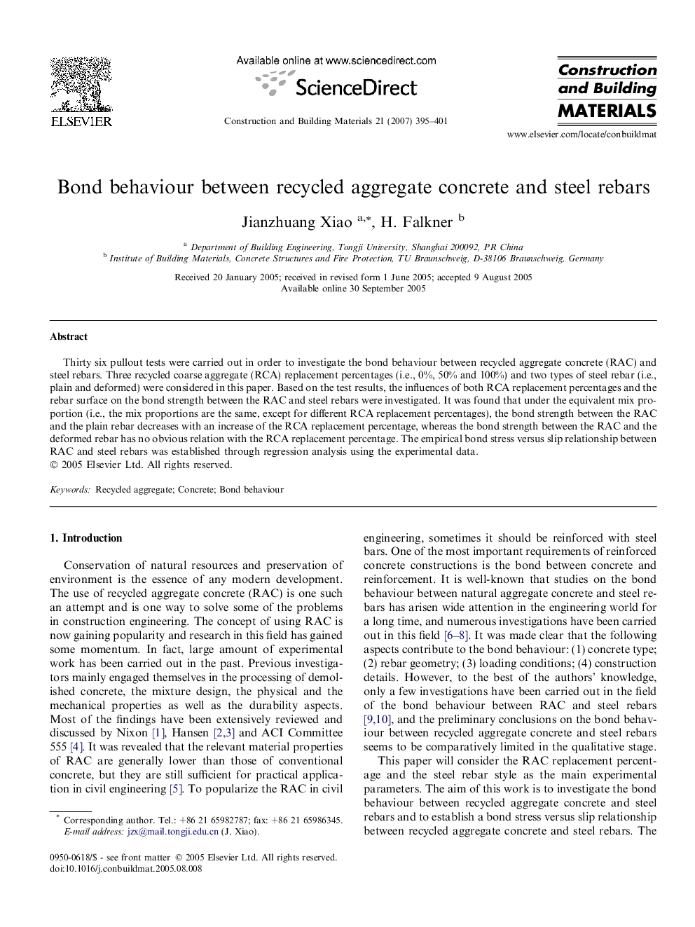 Bond behaviour between recycled aggregate concrete and steel rebars