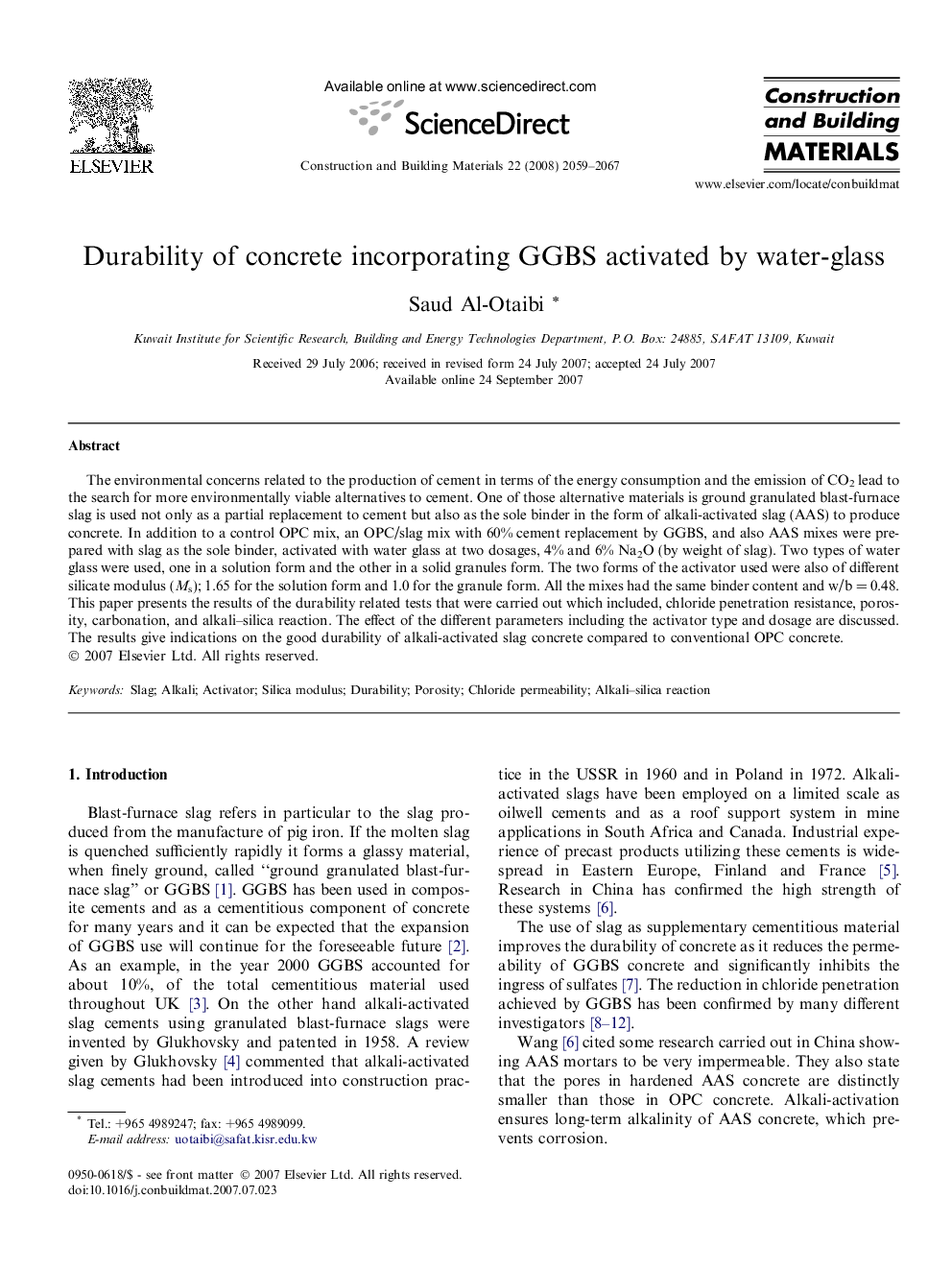 Durability of concrete incorporating GGBS activated by water-glass