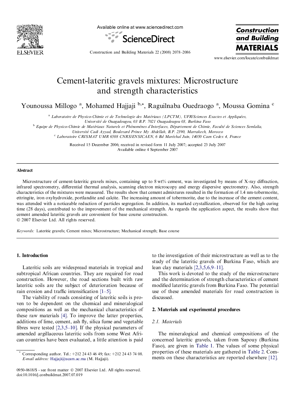 Cement-lateritic gravels mixtures: Microstructure and strength characteristics