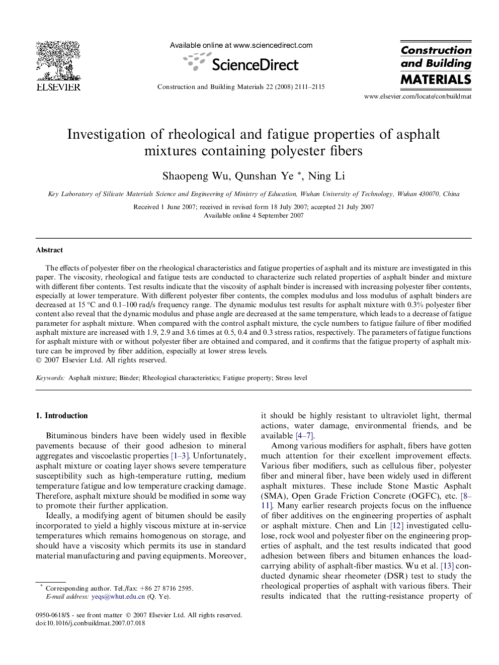 Investigation of rheological and fatigue properties of asphalt mixtures containing polyester fibers