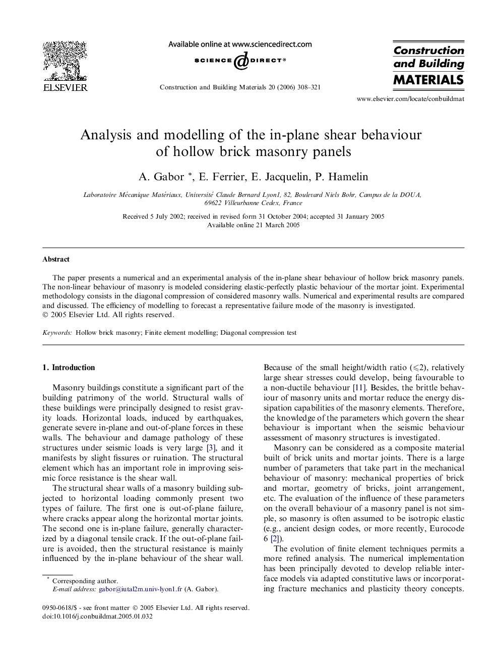 Analysis and modelling of the in-plane shear behaviour of hollow brick masonry panels