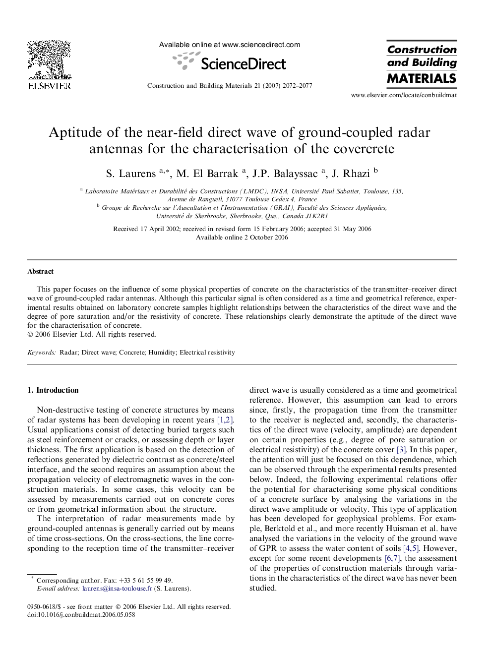 Aptitude of the near-field direct wave of ground-coupled radar antennas for the characterisation of the covercrete