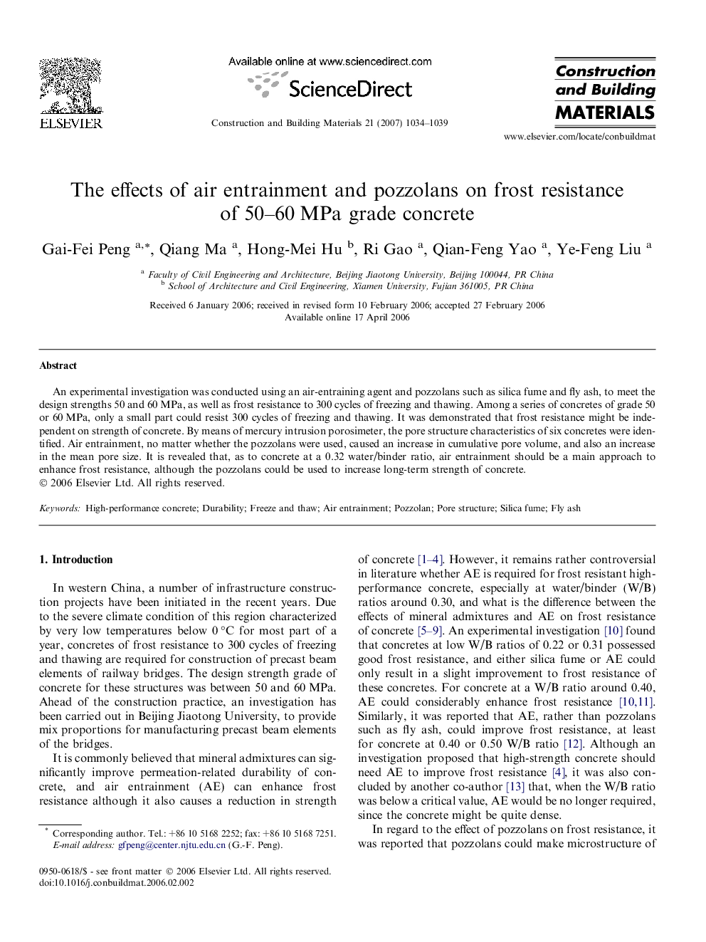 The effects of air entrainment and pozzolans on frost resistance of 50–60 MPa grade concrete