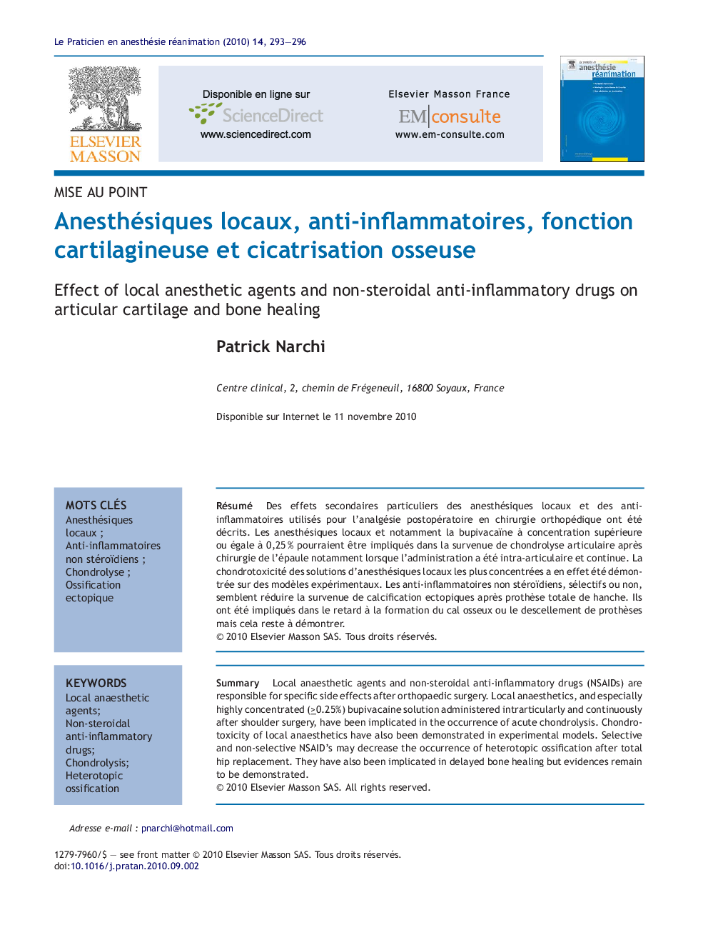 عکس صفحه اول مقاله: Anesthésiques locaux, anti-inflammatoires, fonction cartilagineuse et cicatrisation osseuse Anesthésiques locaux, anti-inflammatoires, fonction cartilagineuse et cicatrisation osseuse