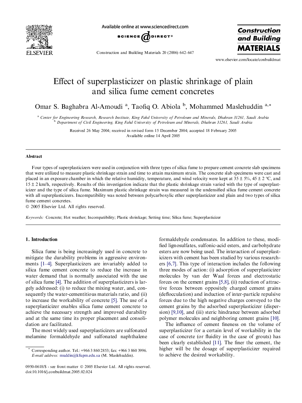 Effect of superplasticizer on plastic shrinkage of plain and silica fume cement concretes