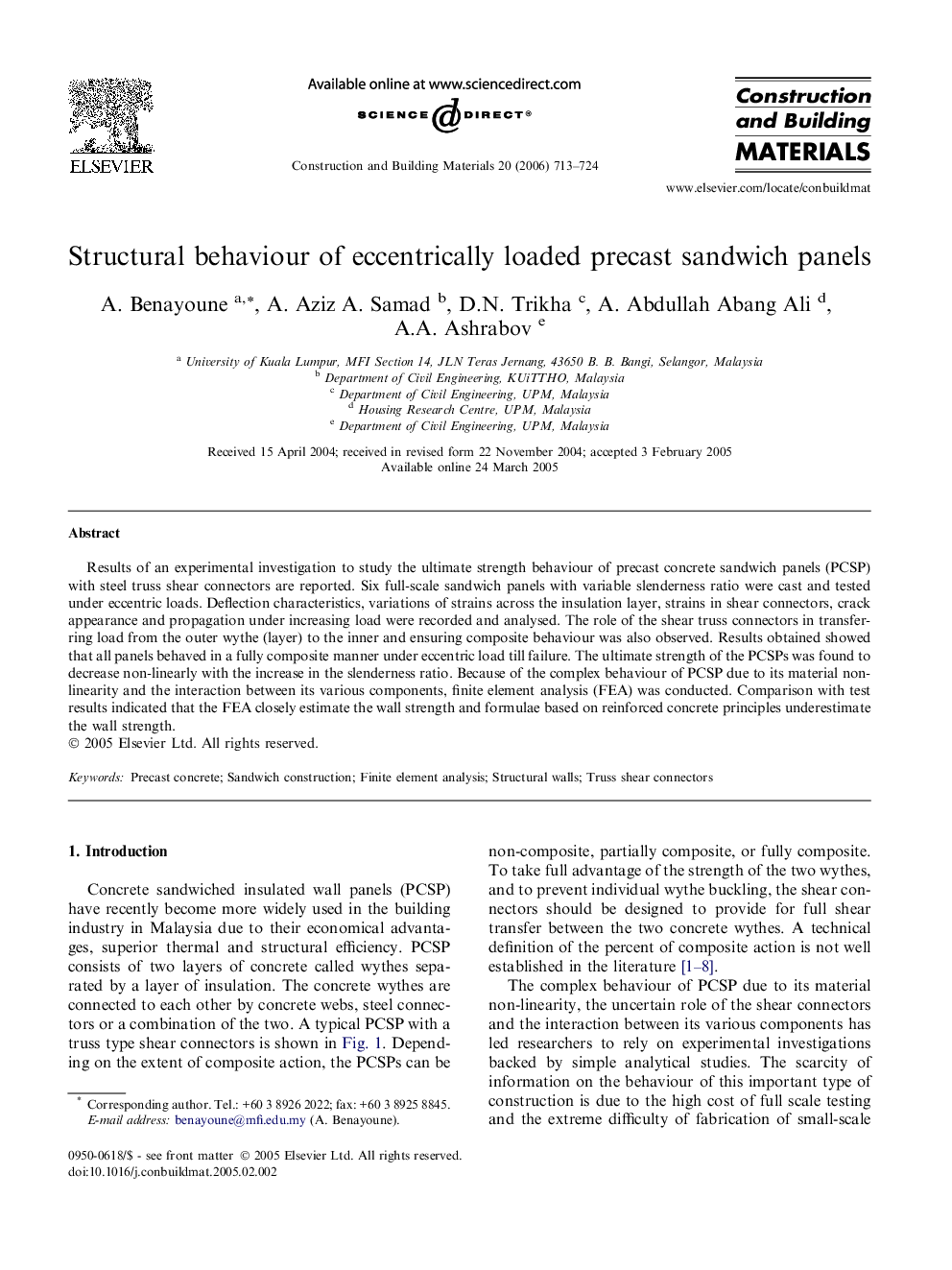 Structural behaviour of eccentrically loaded precast sandwich panels