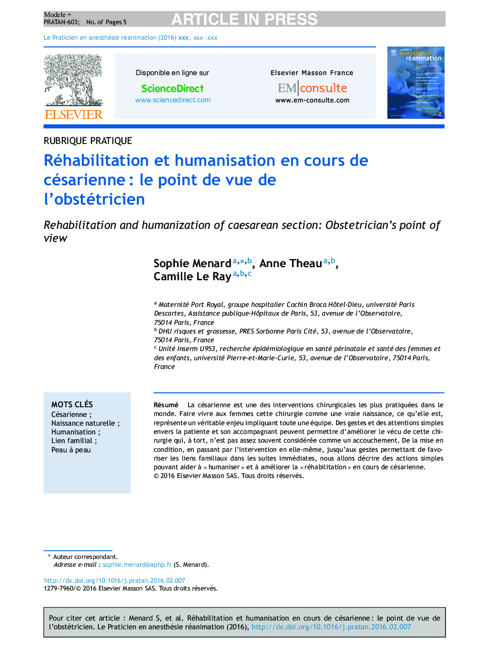 Réhabilitation et humanisation en cours de césarienneÂ : le point de vue de l'obstétricien